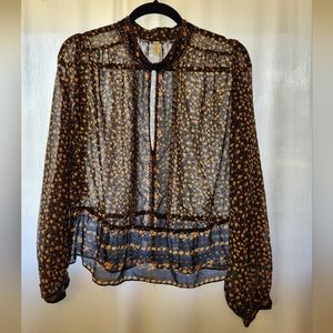 Free People Blouse Chiffon Top Beaded High Neck Black Floral Print